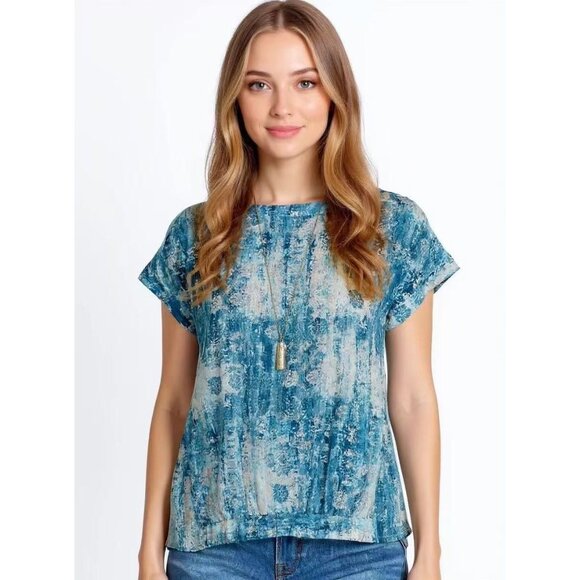 Johnny Was Tops - NWOT Johnny Was Santorini Blouse Silk Pete Greta Women Size M Blue Short Sleeve